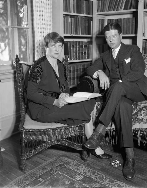 Portrait of Senator Robert M. La Follette, Jr., and his wife Rachael Young La Follette in the library at Maple Bluff Farm.  This photograph was taken during the year of their marriage. "Young Bob," as he was often known, was elected U.S. senator after the death of his father, Robert M. La Follette, Sr., in 1925.