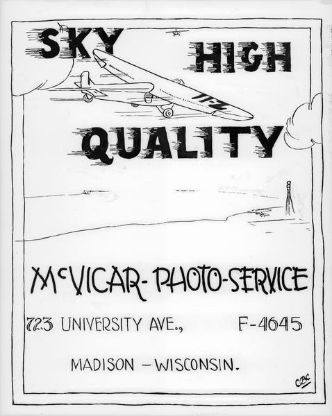 McVicar Photo Service poster advertising "Sky High Quality" with an illustration of an airplane soaring through the clouds.