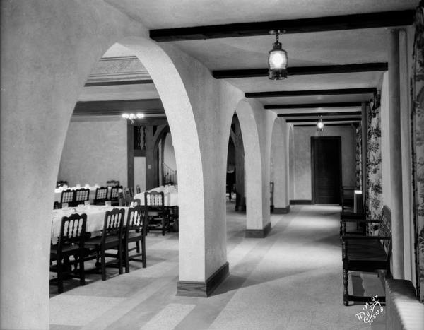 Interior view of Phi Gamma Delta fraternity dining room, located at 16 Langdon Street.