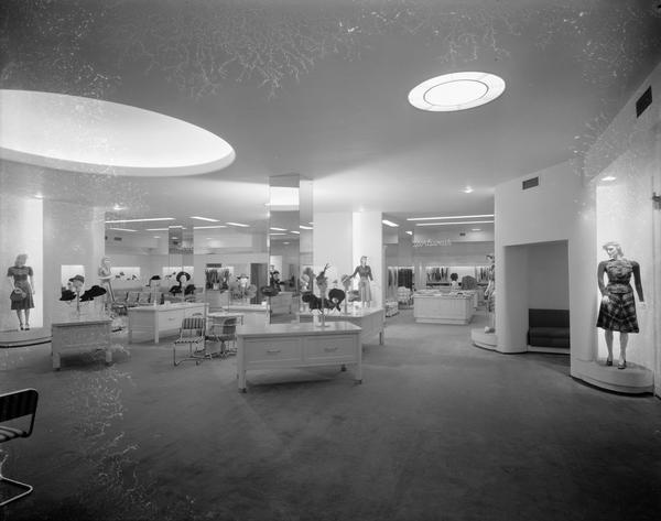 Wide angle view of Manchester's Department Store, 2-6 East Mifflin Street, second floor remodeling, looking past hats to Footwear and Sportswear Departments.