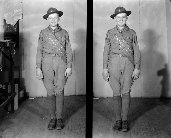 Full-length portrait of a Boy Scout, probably Edward Soderholm.