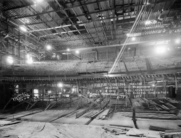 An interior view of the Capitol Theatre, 211 State Street, from the stage looking into the auditorium under construction.