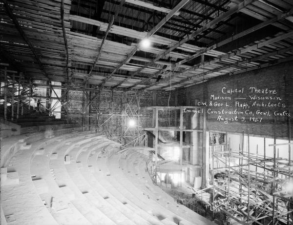 View from the balcony of the Capitol Theatre auditorium under construction, looking toward the stage.