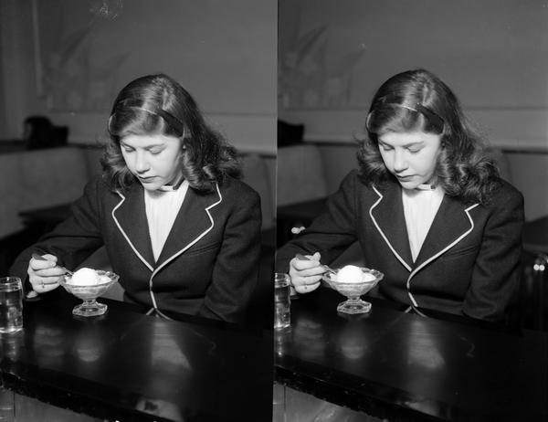 Two views of a girl eating ice cream at a soda fountain. She is wearing a headband and a choker.