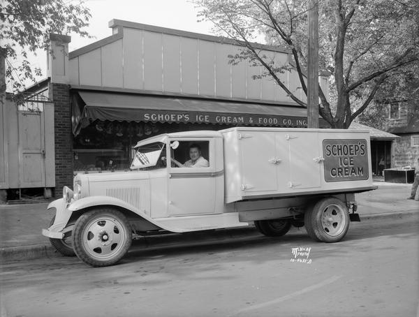 Schoep's Ice Cream Truck in front of Schoep's Ice Cream and Food Company Inc., located at 129 Ohio Avenue (a Trachte Building).