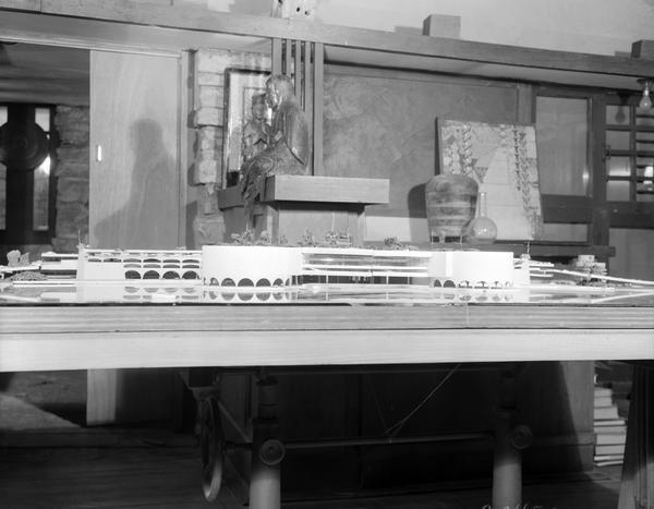 Model of proposed city auditorium (Monona Terrace), straight on view of left side, taken inside Frank Lloyd Wright's Taliesin Studio.