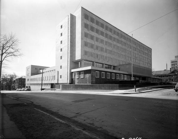 New City-County Building, located at 210 Monona Avenue (Martin Luther King, Jr. Boulevard as of January 19, 1987), taken from the corner of Monona Avenue and West Wilson Street.