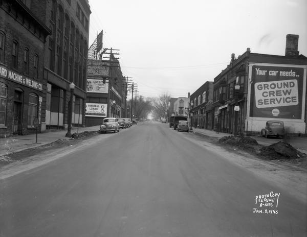 300 block of East Wilson Street looking southwest down the center of East Wilson Street from South Hancock Street intersection, taken at site of Reynolds Bus accident.