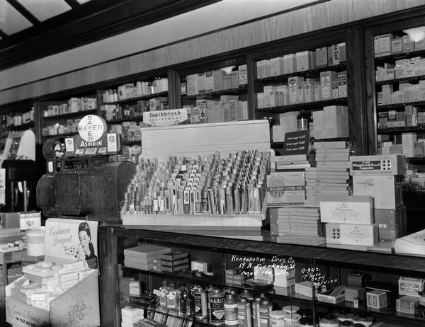 The counter display for Dr. West's Miracle Tuft toothbrushes at Rennebohm Drug Store #6, 19 North Pinckney Street.