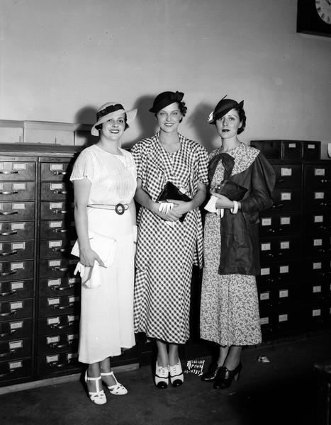 Three "most beautiful employees" of the Chicago World's Fair on a publicity tour: Patricia Marquan, Kay Griffith and Dorothy Le Fold.