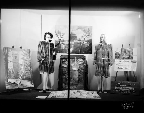 Display of A. Dean Swift's art work and two mannequins wearing Savidusky's fur coats. Sign says "He brings outdoors, indoors! Wisconsin murals by A. Dean Swift, Madison's own muralist." Display also includes a map of the United States on the floor and a second sign, "Savidusky's Fur Quarters, Manufacturing Furriers, 827 East Washington Avenue."