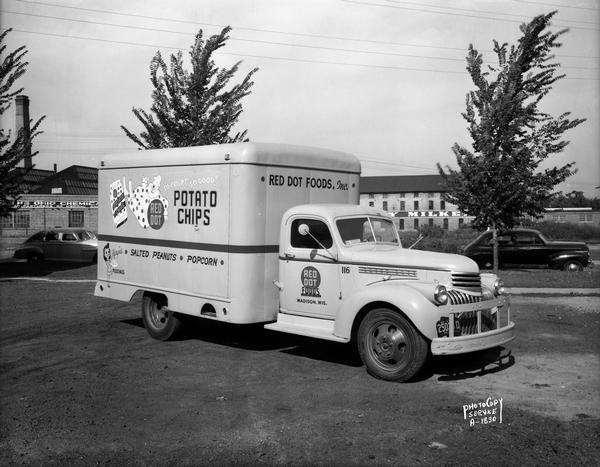 Red Dot Foods Inc., delivery truck outside a Red Dot Foods truck garage, 1441 East Washington Avenue. Background includes portions of Ohio Chemical Company, 1400 East Washington Avenue, and Dairy Equipment Company, 1444 East Washington Avenue.