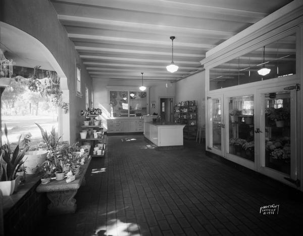 Interior of Rentschler Floral Company store at the greenhouses, 2 North Highland Avenue, showing cooler, potted plants, and counter.
