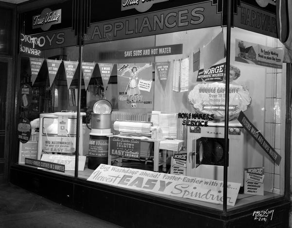Homemakers Hardware and Appliance Company, 123 West Mifflin Street, display window featuring Norge washing machines.