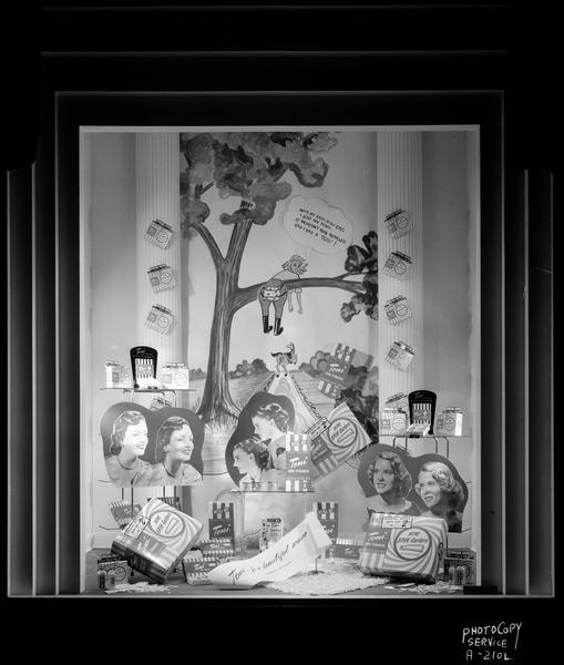 H.S. Manchester Inc., Toni wave display window featuring boxes of Toni permanent wave product and a cartoon of a woman hanging over a tree branch with the phrase: "With my hair in my eyes, I lost my pony, it wouldn't have happened, had I had a Toni."
