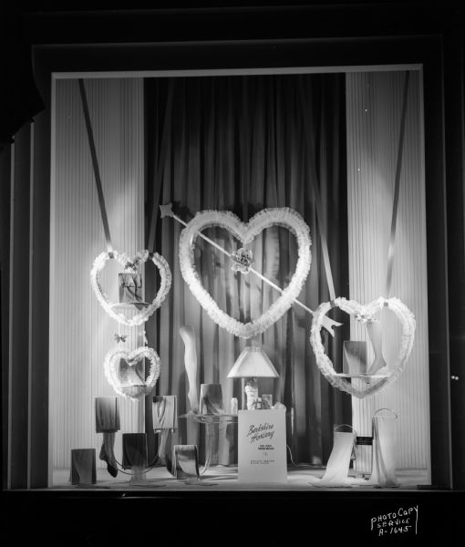 H.S. Manchester Inc., department store Valentine Day Berkshire hosiery, nylon stockings, window display.