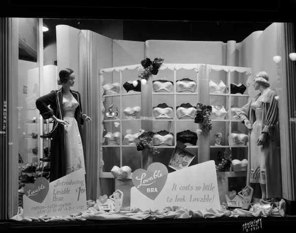 Show window at Hill's Department Store, 202 State Street, featuring a display of women's "Lovable Bra" brassieres, and two mannequins.