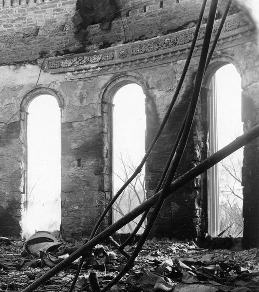 Ruins of the Senate Chamber in the Wisconsin State Capitol after the fire of February 26-27. Here the damage was almost total, leaving only a piece of plaster molding.