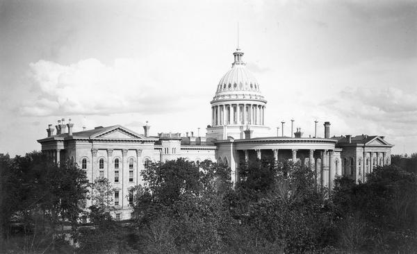 Elevated view of the Third Wisconsin State Capitol (extension of the second State Capitol which was the first in Madison), shortly after the construction of the North and South additions.