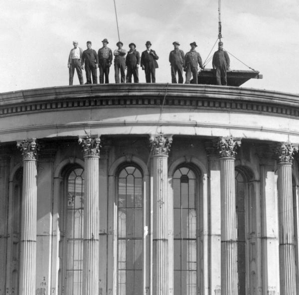 Close-up of the demolition of the dome of the Third Capitol, one of the few known photographs that permits such close observation of the architectural details of the dome.  In addition to the exterior, the close-up allows us to glimpse inside to see the Corinthian columns and the plaster stars between each pillar.  Maude Keene Gill visited the Capitol in the 1880s and later recalled touring the dome: "One day we climbed to the top of the Capitol, flights of narrow stairs finally giving way to iron ladders... The outlook over the city from the top was beautiful."