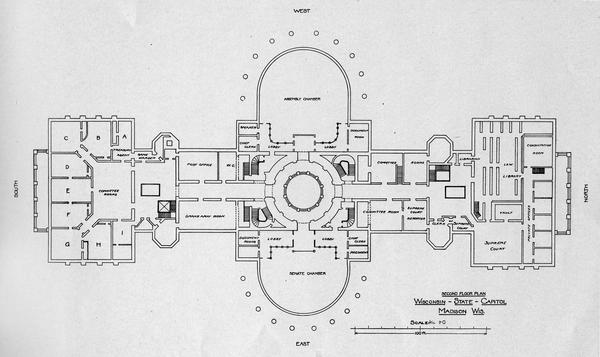 The floor plan of the second floor of the third Wisconsin Capitol as published in 1904 under the title "Program issued by the Capitol Improvement Commission." The Capitol Improvement Commission was organized prior to the 1904 fire to study the inadequacies of the Capitol and make recommendations. Because of the fire, the inevitable recommendation was an entirely new building — the present Capitol.
The octagonal rooms on the North and South wings mark the extent of the building prior to the additions built in 1883. This expansion allowed the Supreme Court and the Law Library to move from its earlier location in the old North Wing to the North Wing addition. The court quickly outgrew this space, and it became the most vocal advocates of additional space in the years before the fire.  
