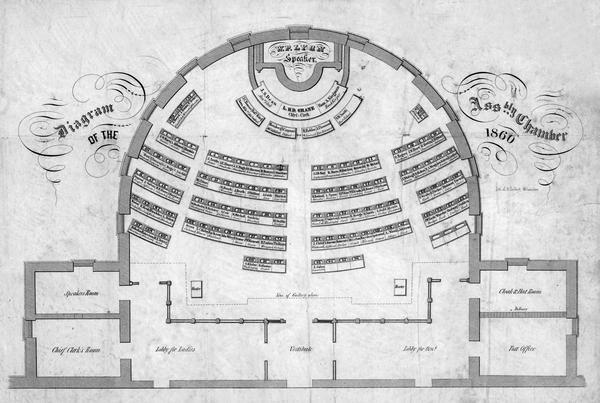 Floor plan and seating chart for the Assembly for their first meeting in the East Wing of new Wisconsin State Capitol building.  After the completion of the West Wing the Senate moved into this room, and the Assembly moved into the West Wing. In addition to documenting the outline of the visitors gallery in the East Wing, this diagram shows that the members desks originally faced east. Perhaps the morning sun convinced them of the wisdom of reorienting the arrangement.
