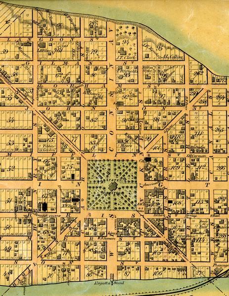 Part of George Harrison's "Map of the City of Madison," showing the development of the isthmus and the small size of the second Capitol (54' x 104') in comparison to the Capitol Square.