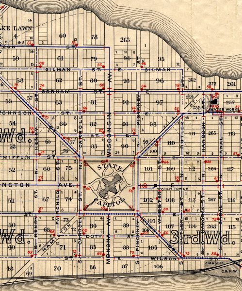 A portion of John B. Heim's map of the Water Works System of Madison showing the size of the third Wisconsin Capitol (228' x 226') in comparison with the Capitol Square and the Capitol Park, as well as a representation of the city water works system.