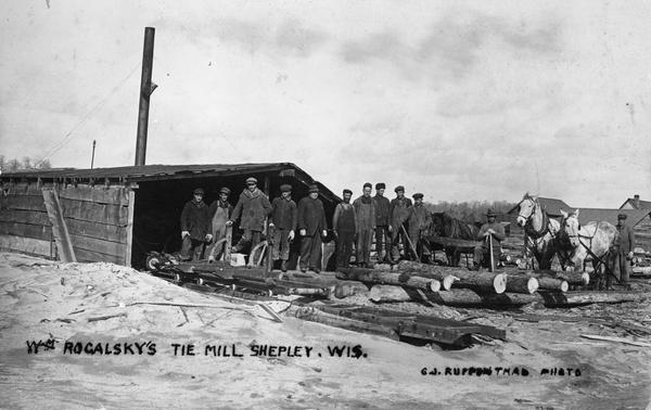 William Rogalsky's railroad tie mill, showing workers and logs ready to be milled. Photographer Charles J. Ruppenthal was known to have been active in Tigerton during the period 1915-1928, a fact which helps to date the image.