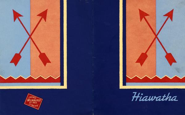 Menu of the Chicago, Milwaukee, St. Paul, and Pacific Railroads Hiawatha Line opened to show both the front and back cover. During the 1930s the Milwaukee Road introduced the streamlined Hiawatha line which was synonymous with high speed travel. The date of the menu is unknown but a passenger in the Hiawatha dining car could purchase a cup of coffee and a piece of pie for 25 cents.