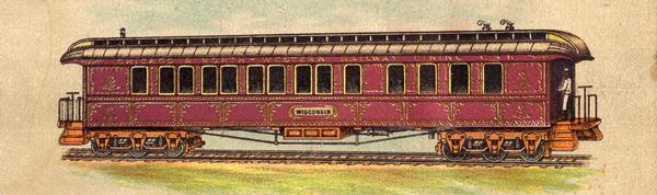 "The Wisconsin," a passenger car of the Chicago and Northwestern Railroad. This color illustration is from a dismantled scrapbook.