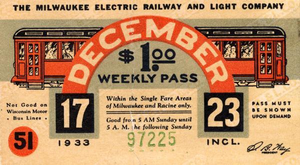 Pass issued by the Milwaukee Electric Railway and Light Company for the week of December 17-23, 1933.