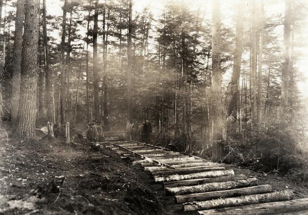 Lumber workers laying railroad tracks through the woods.