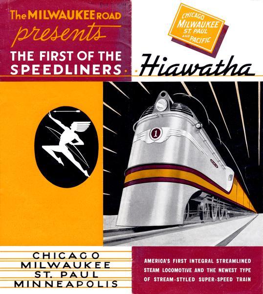 Color brochure advertising the Chicago, Milwaukee, St. Paul & Minneapolis Railroad's Hiawatha, the first streamlined steam locomotive. Hiawatha trains boasted a cruising speed of 100 miles per hour.
