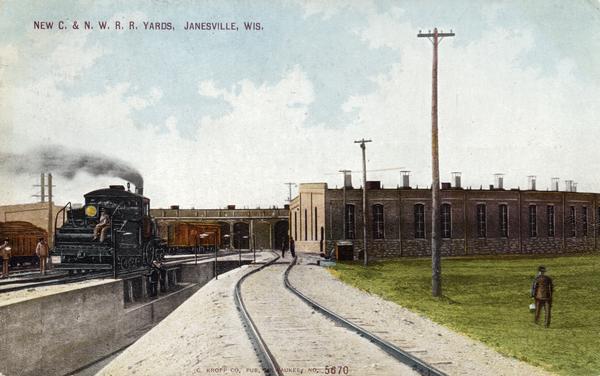 Colorized view depicting what was then the "new" Chicago, Northwestern Railroad Yard. Caption reads: "New C. & N. W. R. R. Yards, Janesville, Wis."