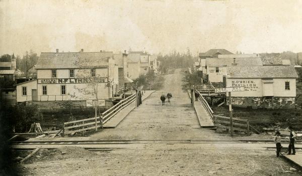 Elevated view down Main Street, which crosses railroad tracks in the foreground. There are two signs in the foreground which say: "Look Out for the Cars" and "$500 Fine for any Person Riding or Driving Faster Than a Walk over this Bridge." The two cows idling across the bridge appear to be obeying them both!