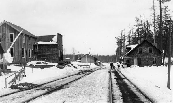 A view of the Soo Line Depot and railroad tracks running through the town at Armstrong Creek. A man, child, and a dog are walking on the railroad tracks.