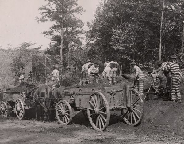 South Carolina convicts building a road at Camp Wadsworth near Spartenberg in preparation for the camp's use as a National Guard training camp. The prisoners, all of whom are African Americans, are wearing striped uniforms.