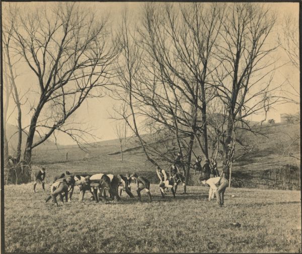 A football game being played near Hillside Home School, an early progressive school operated by Ellen and Jane Lloyd Jones, aunts of Frank Lloyd Wright.
