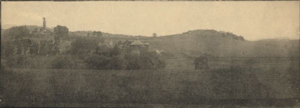 Landscape, including a barn, at Hillside Home School, an early progressive school operated by Ellen and Jane Lloyd Jones, aunts of Frank Lloyd Wright.