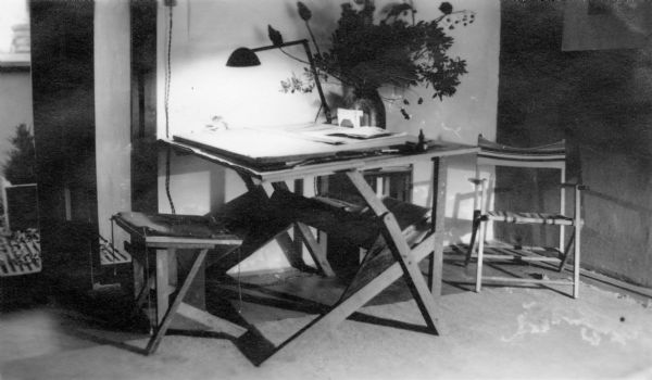 Drafting table, possibly belonging to John Howe, Taliesin, the summer residence of Frank Lloyd Wright and the Taliesin Fellowship. Taliesin is located in the vicinity of Spring Green, Wisconsin.