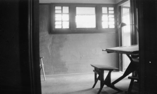 Drafting table, possibly used by John Howe at Taliesin, residence of Frank Lloyd Wright and the Taliesin Fellowship. Taliesin is located in the vicinity of Spring Green, Wisconsin.