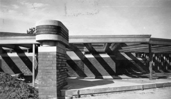 Construction at Herbert F. Johnson's Residence, "Wingspread," designed by Frank Lloyd Wright. The residence was completed in 1937.