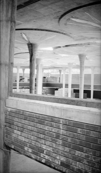 Interior of the main lobby of the Johnson Wax Building during construction. The building was designed by Frank Lloyd Wright.