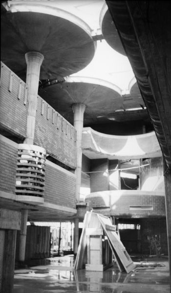 An interior view of the construction of the Johnson Wax Building.