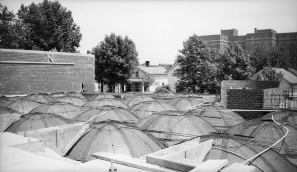 Roof of the Johnson Wax Administration Building during construction. The skylight domes have been installed. The building was designed by Frank Lloyd Wright.