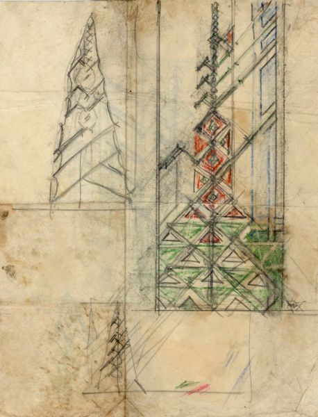 Preliminary sketch, drawn by Frank Lloyd Wright, for the Floating Gardens Resort. The drawing may be an early concept for the resort of a detail for the resort's design. There are sketches on both sides of the paper.