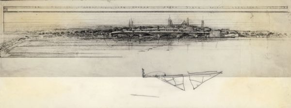 Reproduction of a color rendering of Olin Terraces, an early proposal for a Madison civic center by Frank Lloyd Wright.  This perspective is the view from Lake Monona.  The reproduction includes a small sketch probably of a building detail that may have been drawn by Wright.