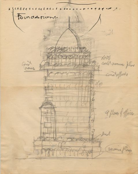 Sketch of a tower, drawn by Frank Lloyd Wright, for the Monona Terrace Civic Center.  The drawing is of a ten-story tower that would include office space and a domed courtroom on the top floor.