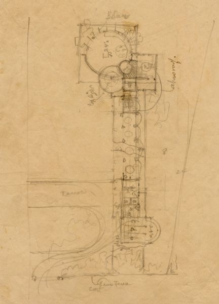 Preliminary sketch of a floor plan, drawn by Frank Lloyd Wright, for the V.C. Morris Residence in San Francisco, California. The residence was never constructed.